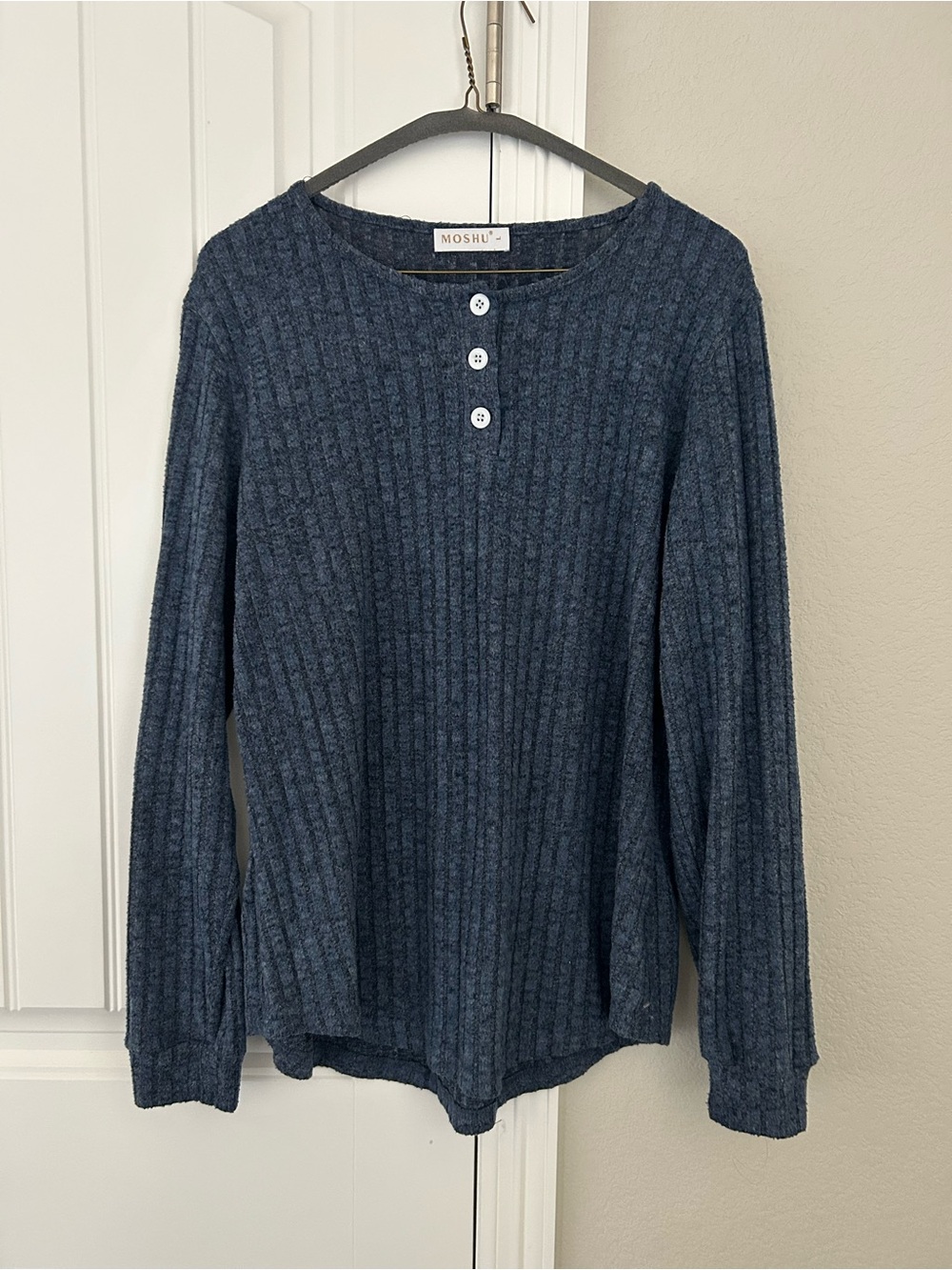 Blue Ribbed Long-Sleeve Henley Top